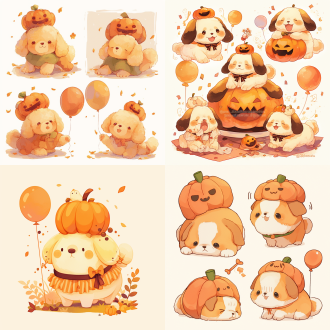 戴着南瓜帽拿着气球的布丁狗出门游玩，乖巧可爱，底色白色，4张小图，卡通插画，彩色填充，温馨温暖，圆润可爱，生动活泼，线条柔和