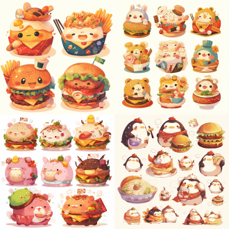 帕恰狗跟各种美食融合在一起，像汉堡、面条、汤圆、咖啡、冰淇淋、水果等，多种服饰穿着，多种姿态，乖巧可爱，生动活泼，色彩鲜艳，线条明朗，底色白色，4张小图，卡通插画，彩色填充，温馨温暖，圆润可爱