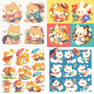 出门游玩的帕恰狗，春游主题，多种服饰穿着，多种姿态，乖巧可爱，生动活泼，色彩鲜艳，线条明朗，底色白色，4张小图，卡通插画，彩色填充，温馨温暖，圆润可爱