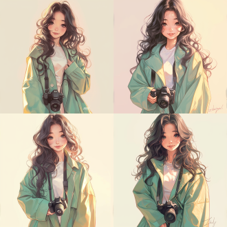 “手绘动漫画风，日系小清新，吉卜力工作室风格，20岁中国女性半身像，黑色长卷发（wavy black hair），浅绿色棉质风衣（light green trench coat），正面站立姿势（front view pose），胸前佩戴佳能eos r6相机（canon camera），圆头小皮鞋（loafers），白色背景（white background），高饱和度色彩（high saturation），柔和光线（soft lighting），自信微笑（confident smile），艺术签名‘子航’在右下角（handwritten signature），细腻笔触（delicate brushstrokes），新海诚风格背景虚化