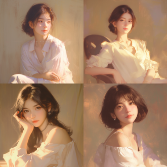 18岁中国女性艺术照，三分法构图，油画风格，室内，长焦镜头，暖光，端庄坐姿，青春面容，柔和色彩，优雅气质。