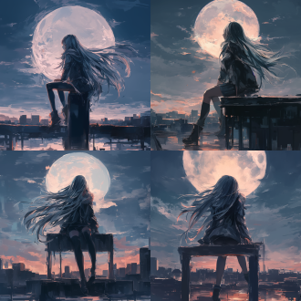 清冷少女望月，工笔画风，对称构图，古典庭院，冷色调，长焦镜头，逆光，静态，娴静，神态优雅。