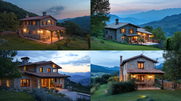 乡村别墅坐落山野田间，温馨小巧，全景呈现，顶光，暖色调，画面和谐，凸显宁静惬意氛围。