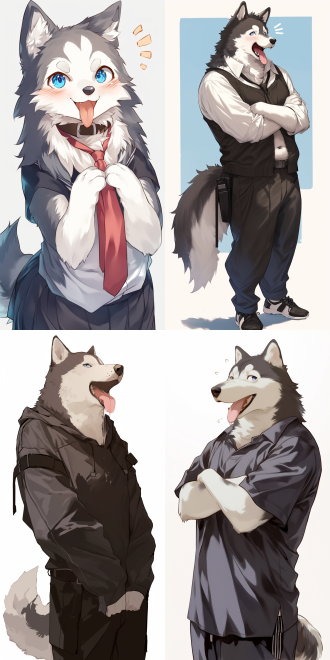 一只哈士奇，呆呆地，傻傻的，憨憨的，耷拉着两只前爪，张着嘴，吐出舌头，舌头歪在一边，站立造型，穿着学生的校服。