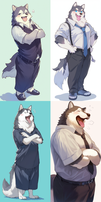 一只哈士奇，呆呆地，傻傻的，憨憨的，耷拉着两只前爪，张着嘴，吐出舌头，舌头歪在一边，站立造型，穿着学生的校服。