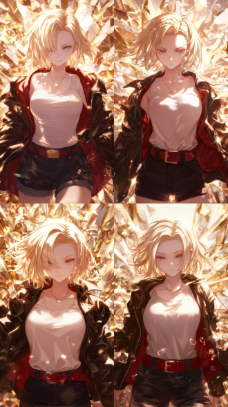 机械人十八号飞在空中，金色短发，白背心深蓝短裤红腰带，阳光云朵山脉背景，三分构图，暖光，长焦，动感优雅，冷静自信强大。