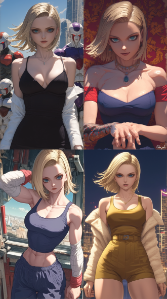 七龙珠18号，deep u-neck dress，手，眼睛，金色短发，机甲装，16k，超级细节，高雅气质，端庄大气，现代风格，艺术感，令人惊叹的照片