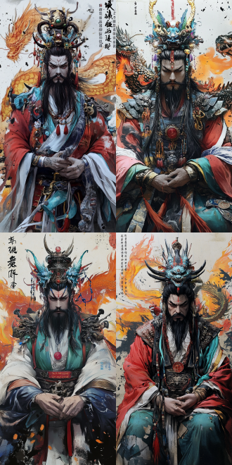 一个充满威严的中国神祇形象，细节丰富。 头饰：顶部以狰狞龙首为核心，龙嘴大张，露出锋利牙齿，周围环绕多支弯曲且尖锐的龙角，角间装饰垂落的金属珠串，随人物姿态轻晃，增添动态韵律。头饰整体雕刻繁复，融合鳞片、云纹等元素，呈现出威严的神性气场。 面部与须发：眉间一点红色坠饰醒目，面部肌肤色调冷峻，双目微垂，眼神深邃似藏天地玄机，长须与垂落的长发线条流畅，发丝细节精致，随服饰轮廓自然延展。 服饰：身着多层传统长袍，外层布料如厚重锦缎，袖口宽大且边缘呈流动的褶皱感，似被无形气流轻拂。胸前、肩部以立体龙纹雕刻为装饰，龙身盘绕、龙爪张扬，甲胄部分布满精密的几何纹路与图腾，腰间悬挂流苏配饰，末端点缀红色坠饰，为整体冷色调增添一抹亮色。双手交叠捧握一物，姿态庄重，似持天地法则。 背景与环绕元素： 巨龙与火焰：背后数条巨龙蜿蜒环绕，龙身覆盖鳞片，肌肉线条刚劲，展现力量感。龙身周围腾起橙黄色火焰，笔触豪放，火焰边缘呈泼墨般的晕染效果，与龙身的冷硬形成 “热与冷” 的视觉冲击。 背景纹理：背景采用浅灰色调，模拟古旧墙面的斑驳质感，散布黑色墨点与纹理，似岁月侵蚀的痕迹，衬托主体的神秘与庄重，营造出古老神话场景的氛围。 画风：融合东方传统美学与奇幻风格，人物与服饰以写实手法精细刻画，每一处纹路、装饰都清晰可辨；背景则采用写意泼墨技法，虚实结合。整体色调偏暗，以灰黑为主调，搭配火焰的暖色调，形成强烈对比，突显画面戏剧性与神圣感。 材质： 服饰呈现锦缎的华丽垂坠感与皮革的坚韧质感，金属装饰（如头饰、甲胄）通过光影处理，展现冷峻的金属光泽与雕刻的立体感； 龙身材质坚硬如磐石，鳞片细节分明；火焰以流动的笔触表现炽热感，仿佛能传递温度；背景的斑驳纹理则似陈旧壁画，增强画面历史厚重感，使整个场景宛如从古老神话中走出的瞬间。