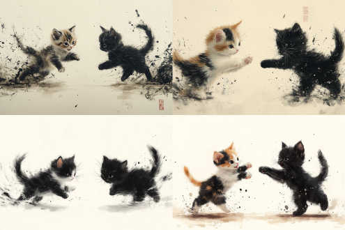 两只q版风格小猫打架，戏剧性对峙构图，水墨背景，中式书法笔触，抽象表现，高对比度，卡通写实模糊