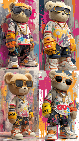 in the frame, there is a trendy cartoon bear. the bear is overall a light brown color, with the inside of its ears dark brown and the middle of its face white. it wears a pair of black sunglasses with gold frames and has a thick golden necklace around its neck, exuding a sense of personality and fashion. the bear is wearing a white short-sleeve t-shirt with colorful graffiti-style lettering patterns. the collar and cuffs are adorned with red trim and splattered with multi-colored paint, adding a sense of street art. its left arm is adorned with a yellow armband featuring black text and patterns, while its right arm is wearing an orange-red bracelet that reads "gosho." the bear is paired with a black shorts that have yellow flower patterns and the same paint splatter effect. on its feet, it's wearing a pair of sneakers with white as the main color, featuring red and gray details. the background is an abstract ink splatter art style, composed of irregular splashes and drips of gray, pink, yellow, blue, orange, and other colors, creating a vibrant and artistic street fashion scene。画面上方三分之一空间留白