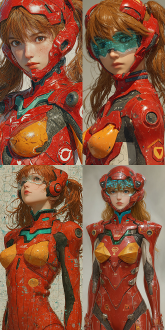 (asuka langley soryu evolution ver:1.6), crimson plugsuit with neon circuit patterns, floating dual drill ponytails emitting plasma sparks, (at field hexagonal fragments:1.4), biomechanical eyepatch projecting holographic data, battle-damaged shoulder armor revealing synthetic muscle fibers, by ilya kuvshinov and yoshitaka amano, unreal engine 5