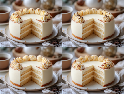 极简主义香草慕斯蛋糕，整个圆形，其中切面暴露三层渐变结构（0.8cm白巧克力层→2cm慕斯层→0.5cm杏仁饼底），特写俯视视角，4k美食摄影，韩式柔光，晨间6:47阳光穿透冷凝水雾的玻璃窗，背景虚化拿铁拉花与烘焙工具，ins风甜品