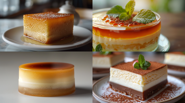 extreme close-up of durian mousse cake, layered structure revealing: 1. top: glossy caramelized durian pulp with fibrous texture :: 2. middle: silky vanilla mousse with golden gradient :: 3. base: moist almond biscuit crust, ultra-realistic food photography, morning light penetrating through cake layers creating luminous amber glow, served on frosted glass pedestal, blurred tropical foliage in background, dew drops on surface suggesting freshness, cinematic shallow depth of field