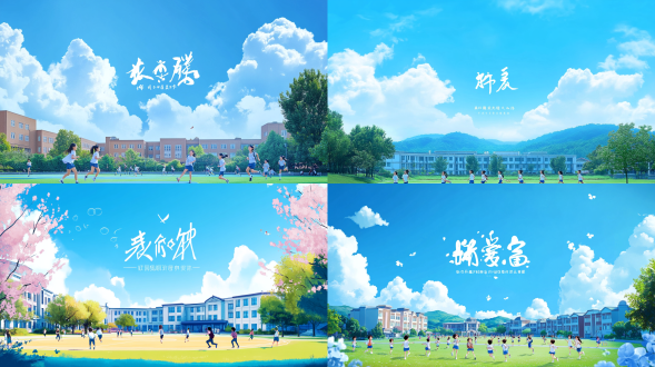 青春纪念册，全景展现校园操场，学生活力奔跑，浅蓝色调，长焦镜头，侧光，动感，青春朝气。 宫崎骏 天空 宽景 千与千寻