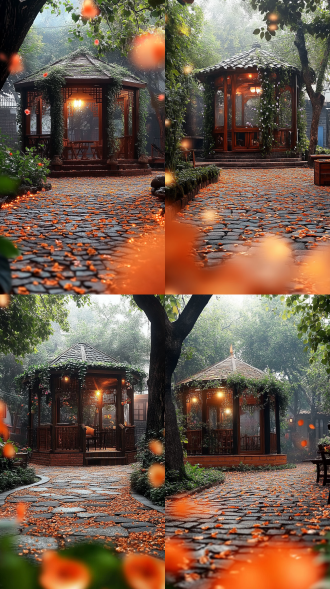 农家小院场景，墙上爬满藤蔓与牵牛花，暖棕色调环境光洒在石板小径，8k写实细节呈现苔藓砖缝与斑驳木纹，景深层次延伸至远处 径向构图 环境光 植物亲和力 园林 亭子