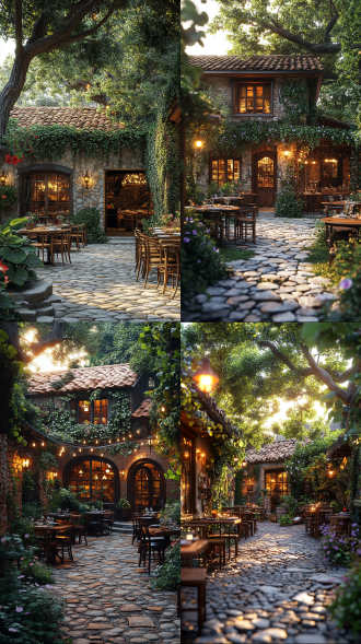 农家餐馆小院场景，墙上爬满藤蔓与牵牛花，暖棕色调环境光洒在石板小径，8k写实细节呈现苔藓砖缝与斑驳木纹，景深层次延伸至远处 径向构图 环境光 植物亲和力 园林 亭子