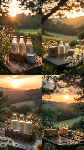 牛奶瓶为主题，3瓶长方形瓶子放置在木制桌子上，盒子旁边有一杯牛奶做点缀，朦胧浅浅绿色牧场夕阳风光作背景，简约森系，层次丰富，电影效果，氛围光，110毫米镜头，8k，高分辨率，艺术摄影风格 草地 径向构图 自然绿 环境光