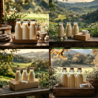 牛奶瓶为主题，3瓶长方形瓶子放置在木制桌子上，盒子旁边有一杯牛奶做点缀，春日中午绿色牧场风光作背景，简约森系，层次丰富，电影效果，氛围光，110毫米镜头，8k，高分辨率，艺术摄影风格 草地 径向构图 自然绿 环境光