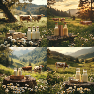 春日牧场奶牛作背景，牛奶瓶为主题，2瓶长方形瓶子放置在木制露营桌子上，盒子旁边有一杯牛奶做点缀，简约森系，层次丰富，电影效果，氛围光，110毫米镜头，8k，高分辨率，艺术摄影风格 草地 径向构图 自然绿 环境光