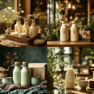 室内牛奶产品拍摄，牛奶瓶为主题，奢华场景，盒子旁边有一杯牛奶做点缀，层次丰富，电影效果，氛围光，110毫米镜头，8k，高分辨率，艺术摄影风格 草地 径向构图 自然绿 环境光