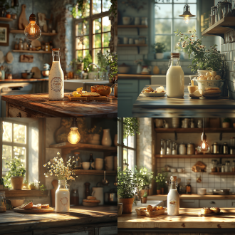 室内厨房场景，牛奶瓶子旁边有少许早餐点缀，层次丰富，8k，高分辨率 径向构图 环境光