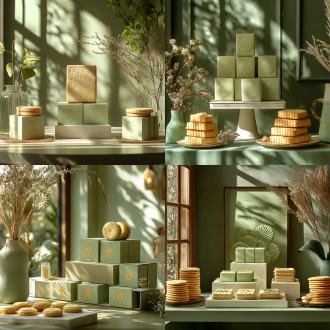 饼干场景为主题，产品拍摄，绿色主题，有3盒曲奇饼干在白色展台上，柔和灯光，方形几何形状，正面构图，高分辨率，极简设计，清晰细节， 远景透视 正视 环境光 华丽室内