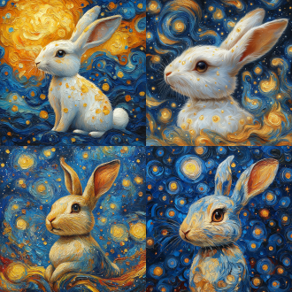 生肖兔插画 彼得兔风格 克林姆特 蓝黄配色 东方美学 梵高艺术