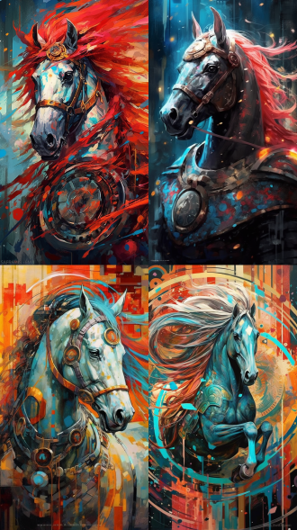 生肖马 神勇战神，赛博朋克，互补色调，抽象艺术，大师艺术，东方美学