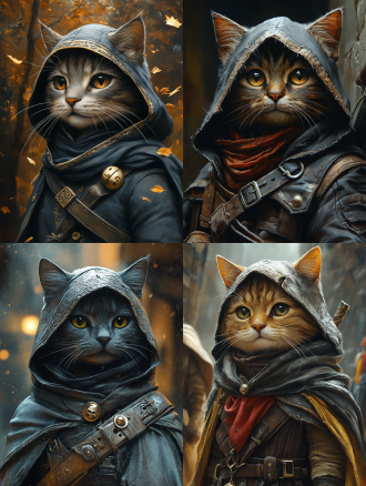 猫咪插画，奇幻艺术 神秘战士，欧系英雄，潮流艺术，
