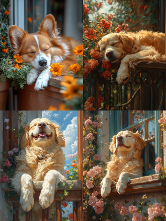 居家狗狗 ，毛茸茸，肥嘟嘟，干净可爱，正在开满花的阳台上睡觉，阳光正好，温暖治愈