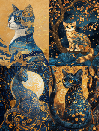 猫咪，克林姆特 ，蓝金配色，奇幻插画 ，轻国朝风，中式美学，贵族装饰，梵高元素，超细节毛发