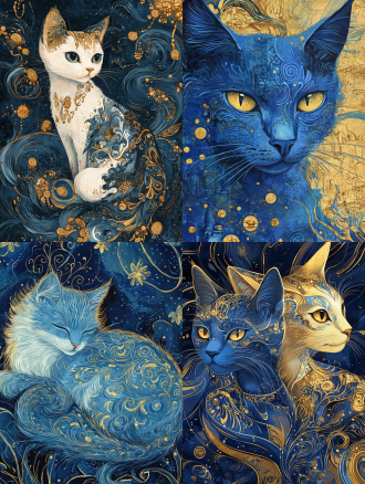 猫咪，克林姆特 ，蓝金配色，奇幻插画 ，奇域艺术，中式美学，民族风，梵高元素，超细节毛发