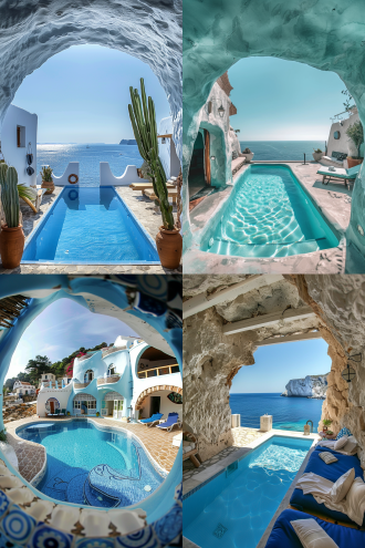 ins风洞穴民宿泳池，对称构图，地中海海景，蓝白配色，鱼眼镜头，顶光，躺椅，悠闲，清新明快。 摄影纪实