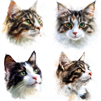 猫咪，肖像，突出主体脸部，头部细节，水彩风格，毛发细节真实，神态炯炯，白底抠像图