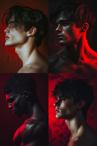 暗黑男孩古风黑发，红色调暗色系，无表情，年轻，半身像，侧光，高对比度，古风背景，帅气，细节丰富，沉静，模特身材，热爱健身。