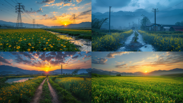 黄昏的江南丘陵水田景色，漫山遍野的油菜花田，电线杆错落在田埂上，鸟儿停在电线上，蓝天，火烧云，小溪流，广角镜头，暖光，春暖花开，超清画面，唯美意境，摄影风格，三分画面，油菜花不要千篇一律，