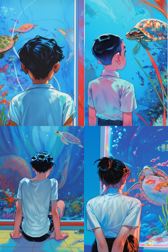 a boy is facing away from the camera, gazing at a cute chinese grass turtle in the turtle tank.