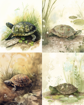 hand-painted chinese pond turtle resting on riverbank, watercolor texture with visible brush strokes, olive-green shell with organic dark brown patterns, soft shading on plump limbs, warm sunlight filtering through grass, muted pastel background with duckweed and tiny white flowers, traditional illustration style with slight paper texture, harmonious earthy color palette (sage green/ochre/cream), balanced composition with clear focal point,