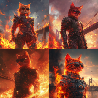火红色猫人直立，穿铠甲戴墨镜，周身火焰，北盘江大桥仰视背景，三分法布局，冷色背景暖色主体，长焦，逆光，威武霸气，高清。