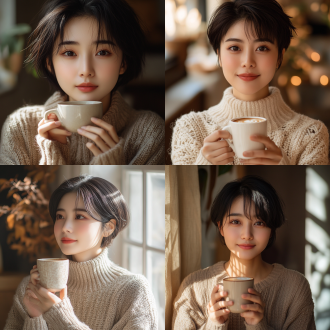 中国美女持咖啡，毛衣短发，愉悦放松，居家背景，三分法构图，自然光，暖色调，特写镜头，健康阳光，最好画质。