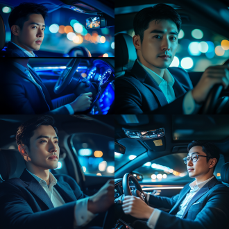 亚洲帅哥霸道总裁休闲开车，三分构图，车内科技环境，平视长焦，暖光，开车动作，淡定从容，蓝白冷色。 隧道