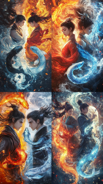 哪吒敖丙合体手机海报，左右布局，冰火背景，阴阳鱼太极，主要人物入画，冷暖对比，特写镜头，顶光，醒目，喜庆。