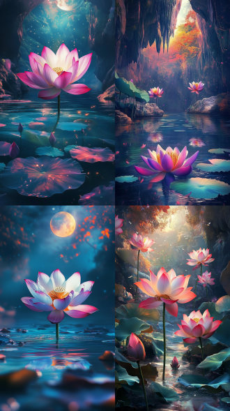 七彩宝莲花瓣饱满空中盛开，四周水月洞天，对称构图，全景，暖光，高饱和色彩，梦幻氛围，宏大庄严。