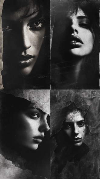 黑白人像照，面部渐融阴影，透明人物在后，复古纸张质感，中心构图，暗调，长焦镜头，逆光，神秘，朦胧。