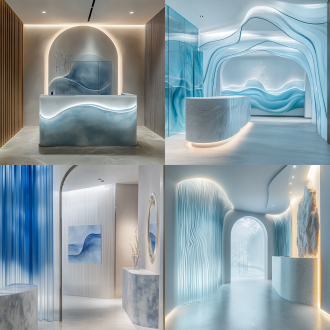 医美人物女性色彩冰川白＋雾霾蓝 渐变晕染 局部金属银 材料 微水泥墙面 波纹玻璃隔断 岩板台面 造型与结构 弧形拱门 线性灯光导引 悬浮式玄关柜 装饰元素 分子结构艺术装置 极简水波纹挂画 氛围关键词 呼吸感留白 智能感应香薰 镜面反射延伸