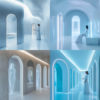 医美女性居中，冰川白与雾霾蓝渐变晕染，局部金属银，微水泥墙等，弧形拱门，线性光，有艺术装置，呼吸感留白，85mm镜头，侧逆光。