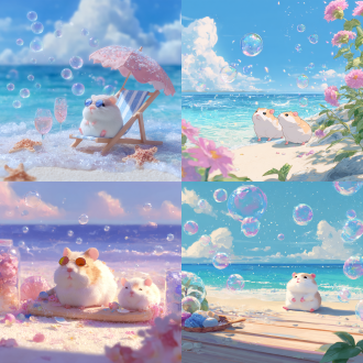 sanrio, sunbathing at the beach, hd anime wallaper, hamster, 🌸 🌼 💮, by jang seung-eop, kenket, bubbly, blue and pink, 4th of july, adorable!!!, ethereal world, inspired by gu hongzhong, stress, sbt, prompt, homeworld