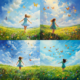 小女孩在春天绿色的草地上追逐着蝴蝶，蓝天绿草，治愈系画风，色彩鲜明