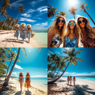 环海沙滩，椰树林，3个金发美女，壁纸风格，，广角镜头，自然光，清晰细节，宁静氛围，深蓝海水，金色阳光。