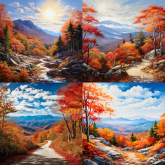 在一个清爽的秋日，远处的寒山巍峨耸立，石径蜿蜒而上，似乎在引导着人们走向神秘的山顶。山间的红枫树如火焰般绚烂，树叶在阳光的照耀下闪烁着金色的光辉，整个山谷被浓烈的秋色染成了温暖的红色和橙色。白云在蓝天中悠然漂浮，仿佛在为这幅画卷增添了几分梦幻的气息。在云雾缭绕的深处，隐约可见一户人家，炊烟袅袅升起，传递着温暖与宁静的生活气息。周围的山石被秋风轻轻拂过，带来阵阵清新的气息，整个场景充满了诗意与宁静，仿佛时间在这里凝固，留住了秋天的美好瞬间。